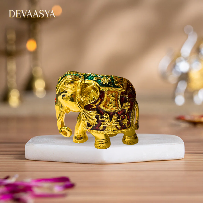 24K Gold Plated Elephant Idol (Trunk Down) with Red Meenakari
