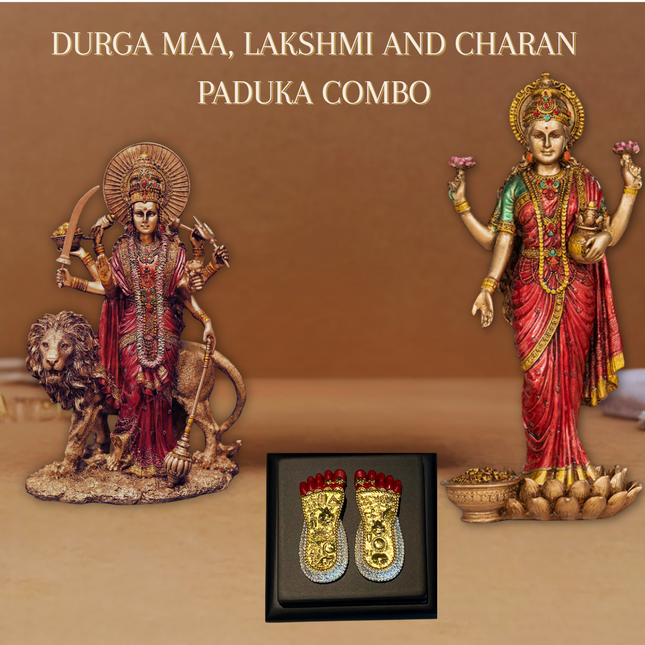 Antique Finish Durga Maa & Lakshmi Ji Idol Combo with 24K Gold Plated Lakshmi Charan Paduka – Divine Power & Prosperity Set