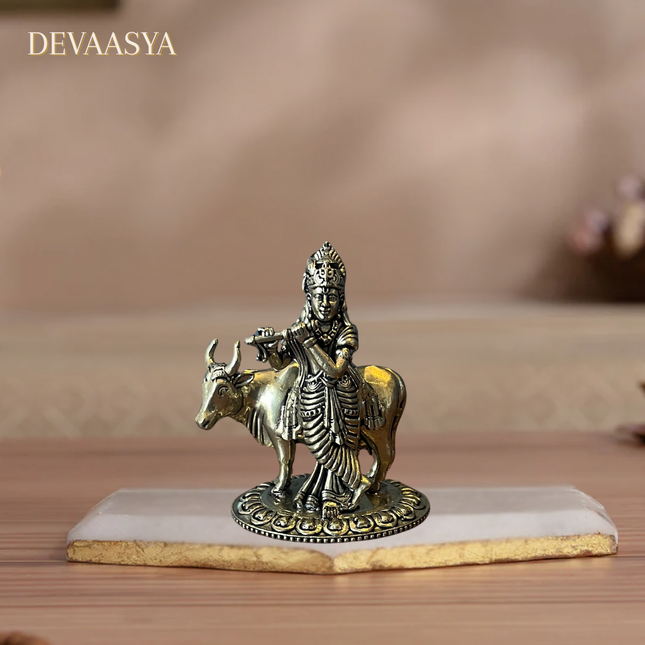Brass Standing Krishna Ji with Cow – 3 Inch | Handcrafted Idol for Pooja & Home Decor