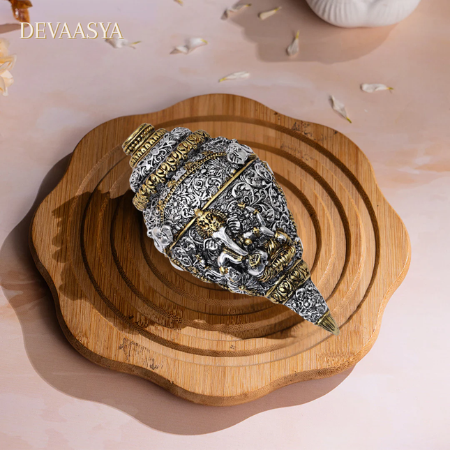 Ganesh Shankh Idol – 24K Gold & Silver Plated for Pooja & Home Decor