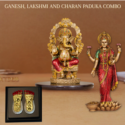 Antique Finish Ganesh Ji & Lakshmi Ji Idol (10 Inch) with 24K Gold Plated Lakshmi Charan Paduka – Divine Prosperity Combo