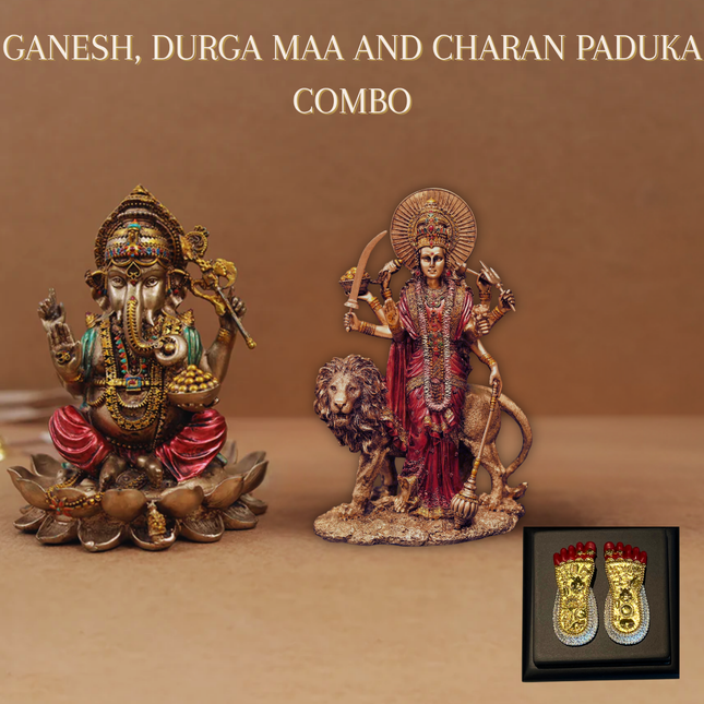 Antique Finish Ganesh Ji & Lakshmi Ji Idol (4 Inch) with 24K Gold Plated Lakshmi Charan Paduka – Auspicious Prosperity Set