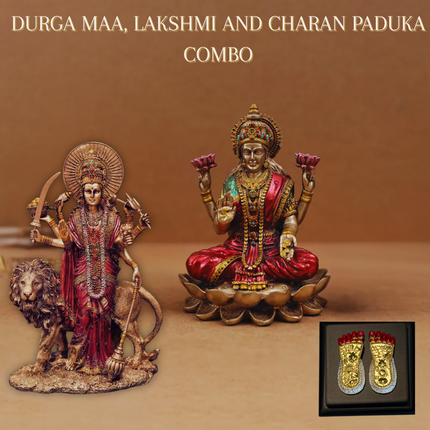 Antique Finish Lakshmi Ji & Durga Ji Idol Combo with 24K Gold Plated Lakshmi Charan Paduka – Power, Prosperity & Protection