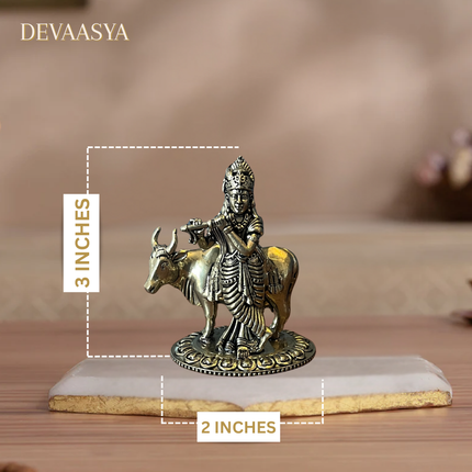 Brass Standing Krishna Ji with Cow – 3 Inch | Handcrafted Idol for Pooja & Home Decor