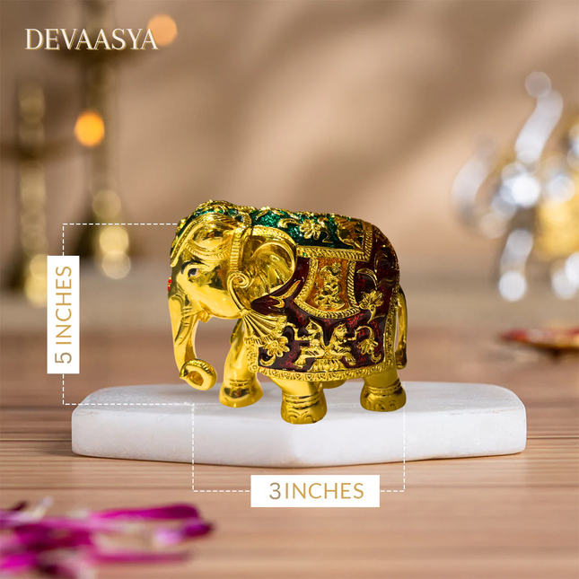 24K Gold Plated Elephant Idol (Trunk Down) with Red Meenakari
