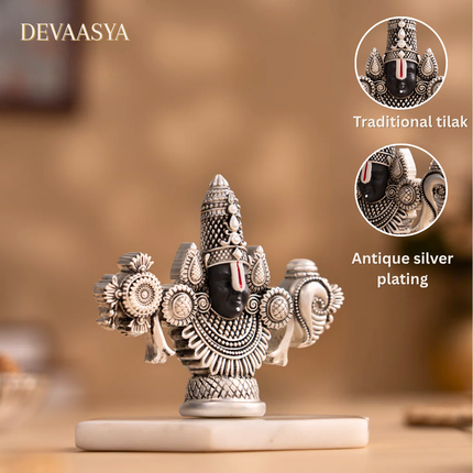 Silver Plated Lord Tirupati Balaji Face Idol | Handcrafted Divine Idol for Pooja & Car Dash
