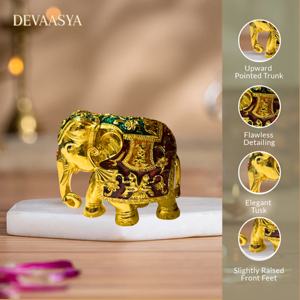 24K Gold Plated Elephant Idol (Trunk Down) with Red Meenakari