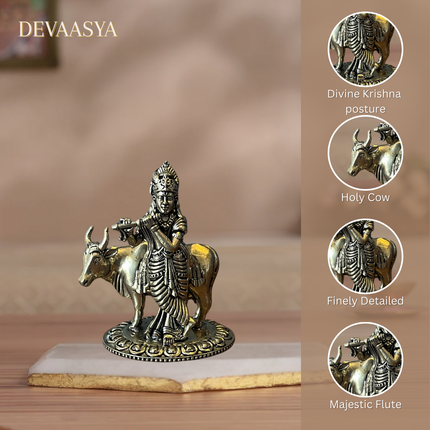 Brass Standing Krishna Ji with Cow – 3 Inch | Handcrafted Idol for Pooja & Home Decor