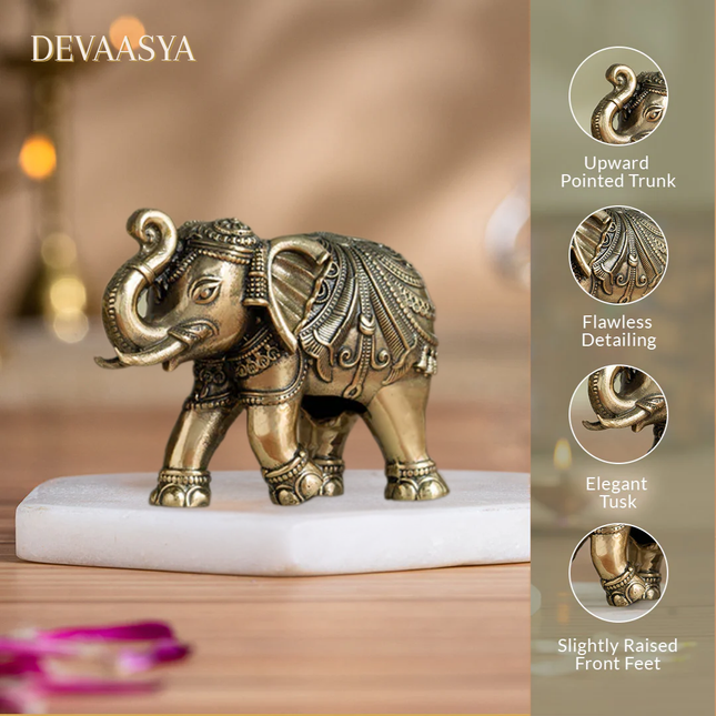 Brass Vastu Trunk Up Elephant Statue – 3 Inch | Symbol of Strength, Luck & Prosperity