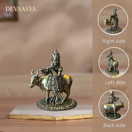 Brass Standing Krishna Ji with Cow – 3 Inch | Handcrafted Idol for Pooja & Home Decor
