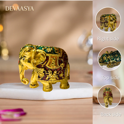 24K Gold Plated Elephant Idol (Trunk Down) with Red Meenakari