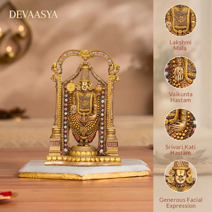 Antique Finish Lord Balaji Idol (8 Inch) with Gold-Plated Charan Paduka & Shanku Chakra Namam Set (2 Inch) – Divine Prosperity & Vastu Harmony Combo