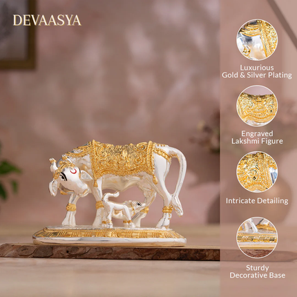 Kamdhenu Cow with Calf Idol (3.5 Inch) – Gold & Silver Plated with Lord Krishna’s Divine Hands Idol for Car Dashboard (3.5 Inch) – Combo
