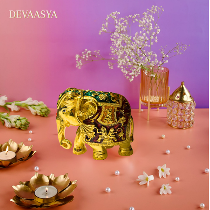 24K Gold Plated Elephant Idol (Trunk Down) with Red Meenakari