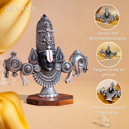 Silver Plated Lord Tirupati Balaji Face Idol | Handcrafted Divine Idol for Pooja & Car Dash