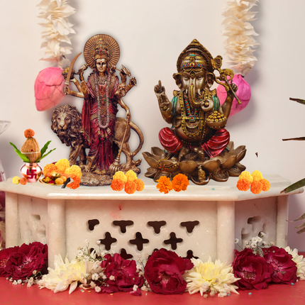 Antique Finish Durga Maa Idol (6 Inch) with Lord Ganesha Idol (4 Inch) – Divine Strength & Prosperity Combo
