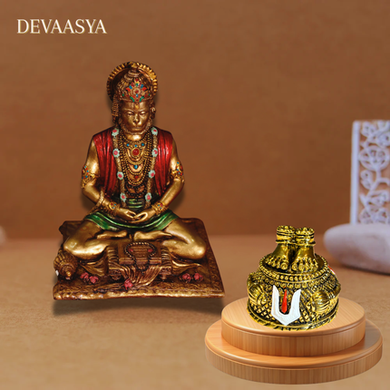 Antique Meditating Hanuman Ji Idol (3 Inch) with Gold-Plated Hanuman Ji Charan Paduka (2 Inch) – Divine Vastu Combo