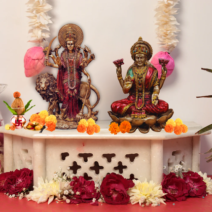 Antique Finish Durga Maa Idol (6 Inch) with Laxmi Maa Idol (4 Inch) – Handcrafted Vastu Combo