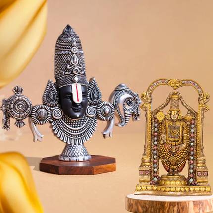 Antique Finish Lord Balaji Idol (8 Inch) + Silver-Plated Tirupati Balaji (3 Inch) – Handcrafted Divine Pair