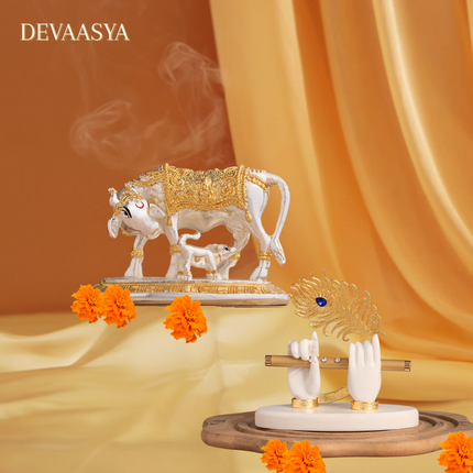 Kamdhenu Cow with Calf Idol (3.5 Inch) – Gold & Silver Plated with Lord Krishna’s Divine Hands Idol for Car Dashboard (3.5 Inch) – Combo