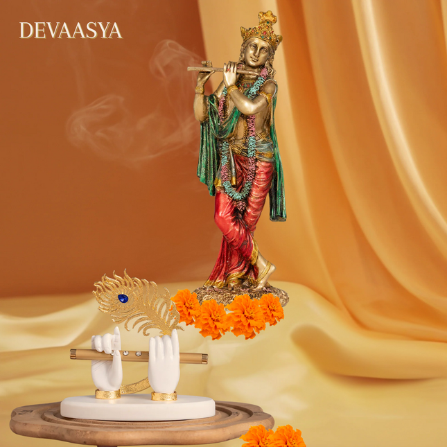 Gold-Plated Flute Krishna Idol (3.5 Inch) with Antique Finish Flute Krishna Idol (10 Inch) – Divine Vastu Combo