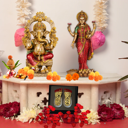 Antique Finish Ganesh Ji & Lakshmi Ji Idol (10 Inch) with 24K Gold Plated Lakshmi Charan Paduka – Divine Prosperity Combo