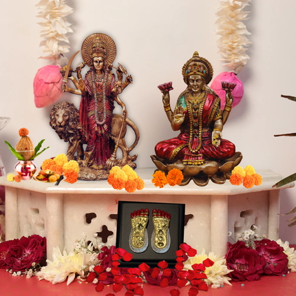 Antique Finish Lakshmi Ji & Durga Ji Idol Combo with 24K Gold Plated Lakshmi Charan Paduka – Power, Prosperity & Protection