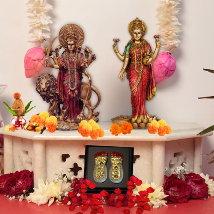 Antique Finish Durga Maa & Lakshmi Ji Idol Combo with 24K Gold Plated Lakshmi Charan Paduka – Divine Power & Prosperity Set