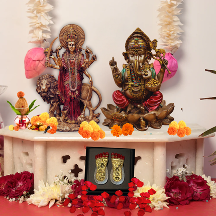 Antique Finish Ganesh Ji & Lakshmi Ji Idol (4 Inch) with 24K Gold Plated Lakshmi Charan Paduka – Auspicious Prosperity Set