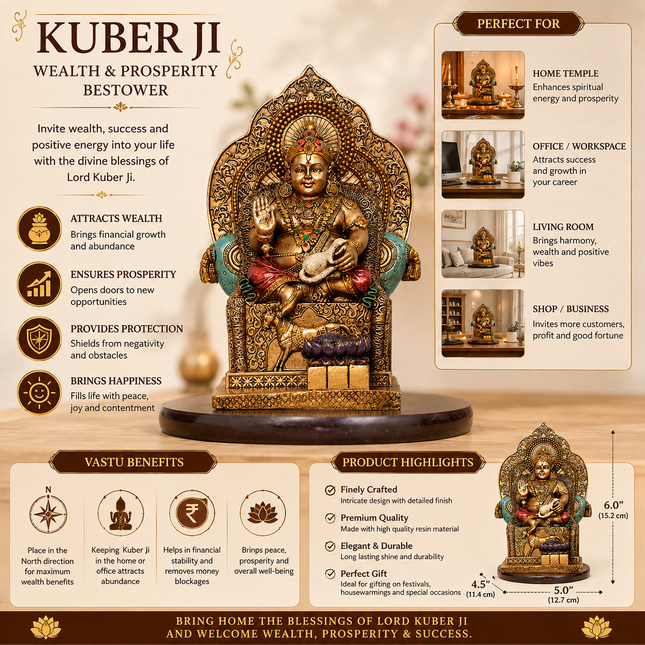 Antique Finish Lord Kuber Ji Idol – 8 Inch | Handcrafted for Wealth & Home Decor