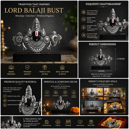 Silver Plated Lord Tirupati Balaji Face Idol | Handcrafted Divine Idol for Pooja & Car Dash