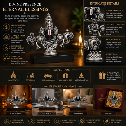 Silver Plated Lord Tirupati Balaji Face Idol | Handcrafted Divine Idol for Pooja & Car Dash