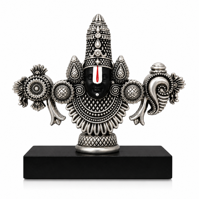 Silver Plated Lord Tirupati Balaji Face Idol | Handcrafted Divine Idol for Pooja & Car Dash