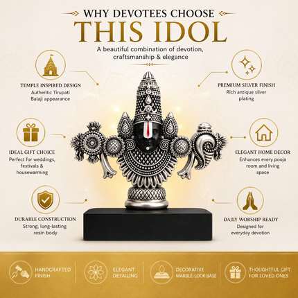 Silver Plated Lord Tirupati Balaji Face Idol | Handcrafted Divine Idol for Pooja & Car Dash