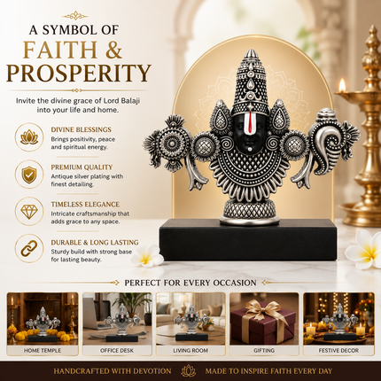 Silver Plated Lord Tirupati Balaji Face Idol | Handcrafted Divine Idol for Pooja & Car Dash