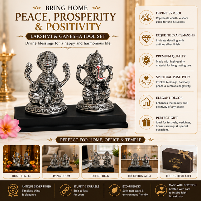 Silver Plated Lakshmi Ganesh Idol Set | Handcrafted Idols for Pooja & Diwali