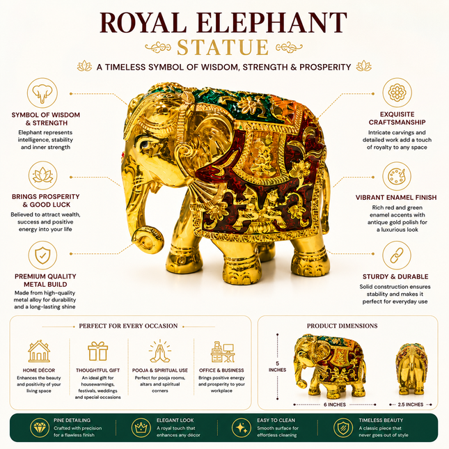 24K Gold Plated Elephant Idol (Trunk Down) with Red Meenakari