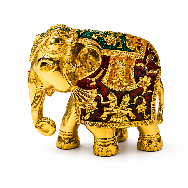 24K Gold Plated Elephant Idol (Trunk Down) with Red Meenakari