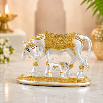 Gold & Silver Plated Kamdhenu Cow Idol – 3.5 Inch | Handcrafted Sacred Idol for Pooja & Home Decor