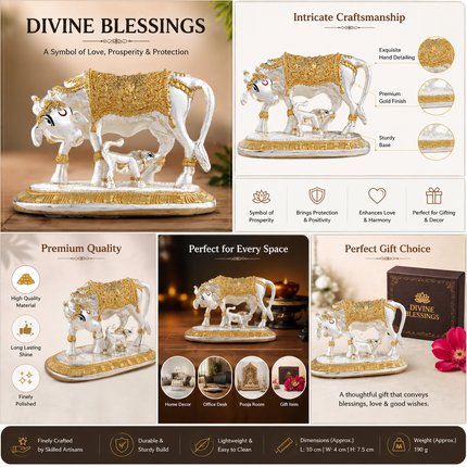 Gold & Silver Plated Kamdhenu Cow Idol – 3.5 Inch | Handcrafted Sacred Idol for Pooja & Home Decor