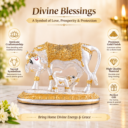 Gold & Silver Plated Kamdhenu Cow Idol – 3.5 Inch | Handcrafted Sacred Idol for Pooja & Home Decor