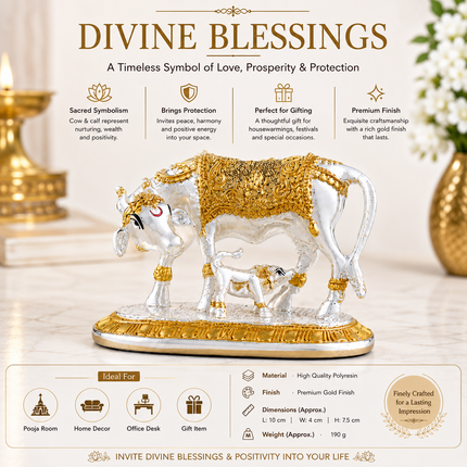 Gold & Silver Plated Kamdhenu Cow Idol – 3.5 Inch | Handcrafted Sacred Idol for Pooja & Home Decor