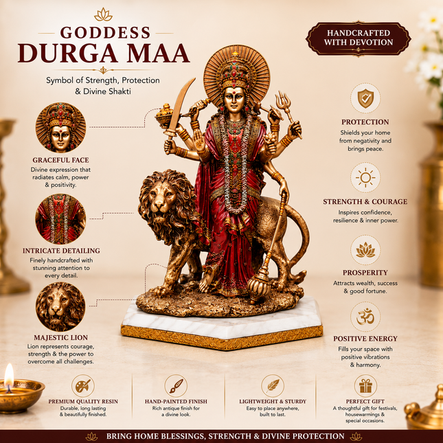 Durga Mata Idol with Lion Vahana | Handcrafted for Strength & Prosperity
