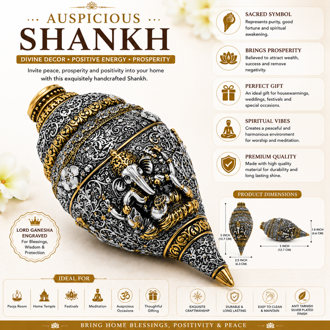 Ganesh Shankh Idol – 24K Gold & Silver Plated for Pooja & Home Decor