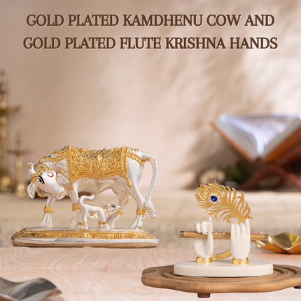 Kamdhenu Cow with Calf Idol (3.5 Inch) – Gold & Silver Plated with Lord Krishna’s Divine Hands Idol for Car Dashboard (3.5 Inch) – Combo