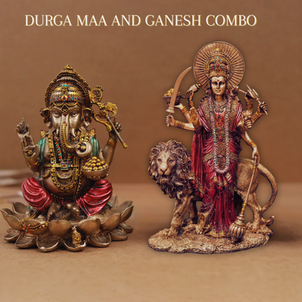 Antique Finish Durga Maa Idol (6 Inch) with Lord Ganesha Idol (4 Inch) – Divine Strength & Prosperity Combo