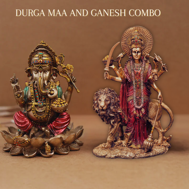 Antique Finish Durga Maa Idol (6 Inch) with Lord Ganesha Idol (4 Inch) – Divine Strength & Prosperity Combo