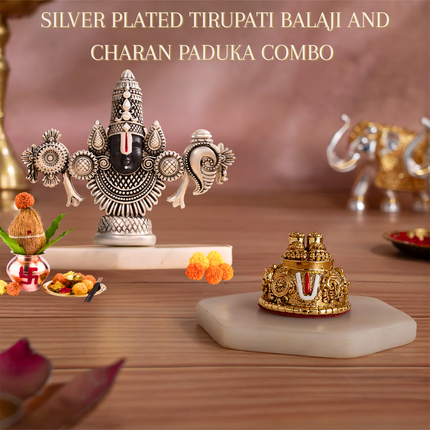 Premium Silver-Plated Balaji Idol with Gold-Plated Charan Paduka & Namam Set | Prosperity & Vastu Blessing Combo