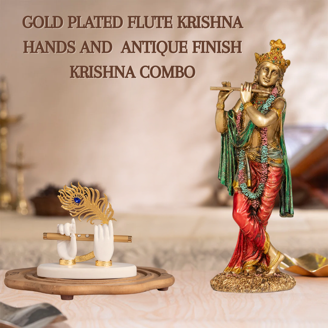 Gold-Plated Flute Krishna Idol (3.5 Inch) with Antique Finish Flute Krishna Idol (10 Inch) – Divine Vastu Combo