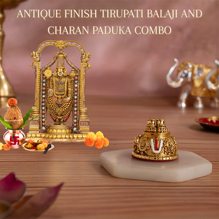 Antique Finish Lord Balaji Idol (8 Inch) with Gold-Plated Charan Paduka & Shanku Chakra Namam Set (2 Inch) – Divine Prosperity & Vastu Harmony Combo